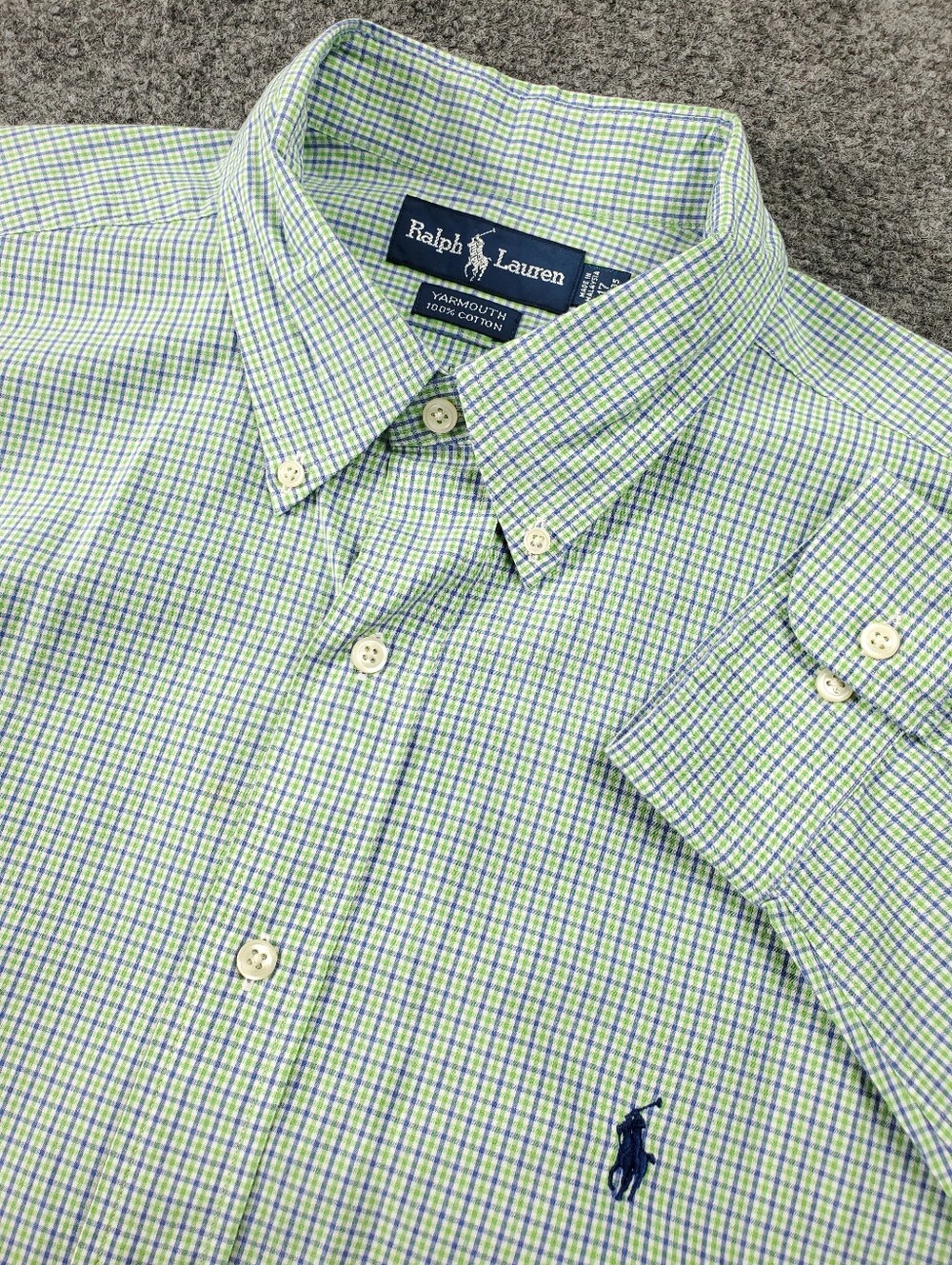 Ralph Lauren Yarmouth Shirt 17 34 35 Green Blue Gingham Check Button Down Collar